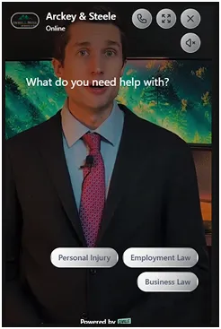 Professional man in suit and tie on video call with legal service options displayed.