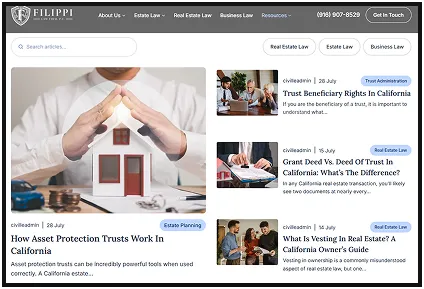 Website screenshot showing legal articles on estate planning and real estate law, featuring a man protecting a small model house with his hands.