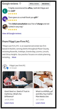 Screenshot of Google reviews and profile for Filippi Law Firm P.C., featuring client testimonials and legal article links.
