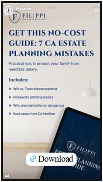 Screenshot of an estate planning guide advertisement with text and a tablet displaying the guide cover.