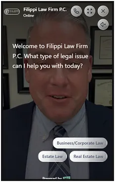 Professional man in suit and tie offering legal assistance via online chat interface.