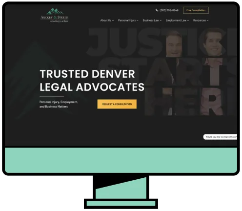 Computer monitor displaying a law firm website with dark background and white text, featuring "Trusted Denver Legal Advocates" and a yellow "Request a Consultation" button.