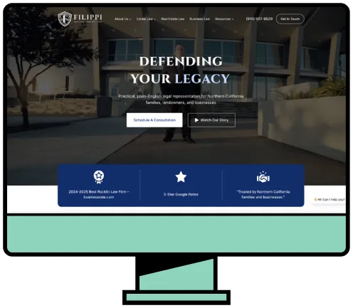Computer screen displaying the Filippi Law Firm website homepage with dark-themed background and white text.