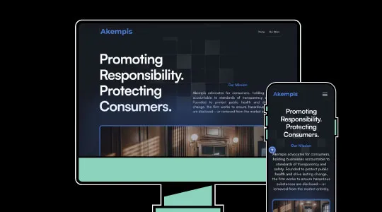 Alt text: Digital devices displaying Akempis website with text "Promoting Responsibility. Protecting Consumers." on dark background.