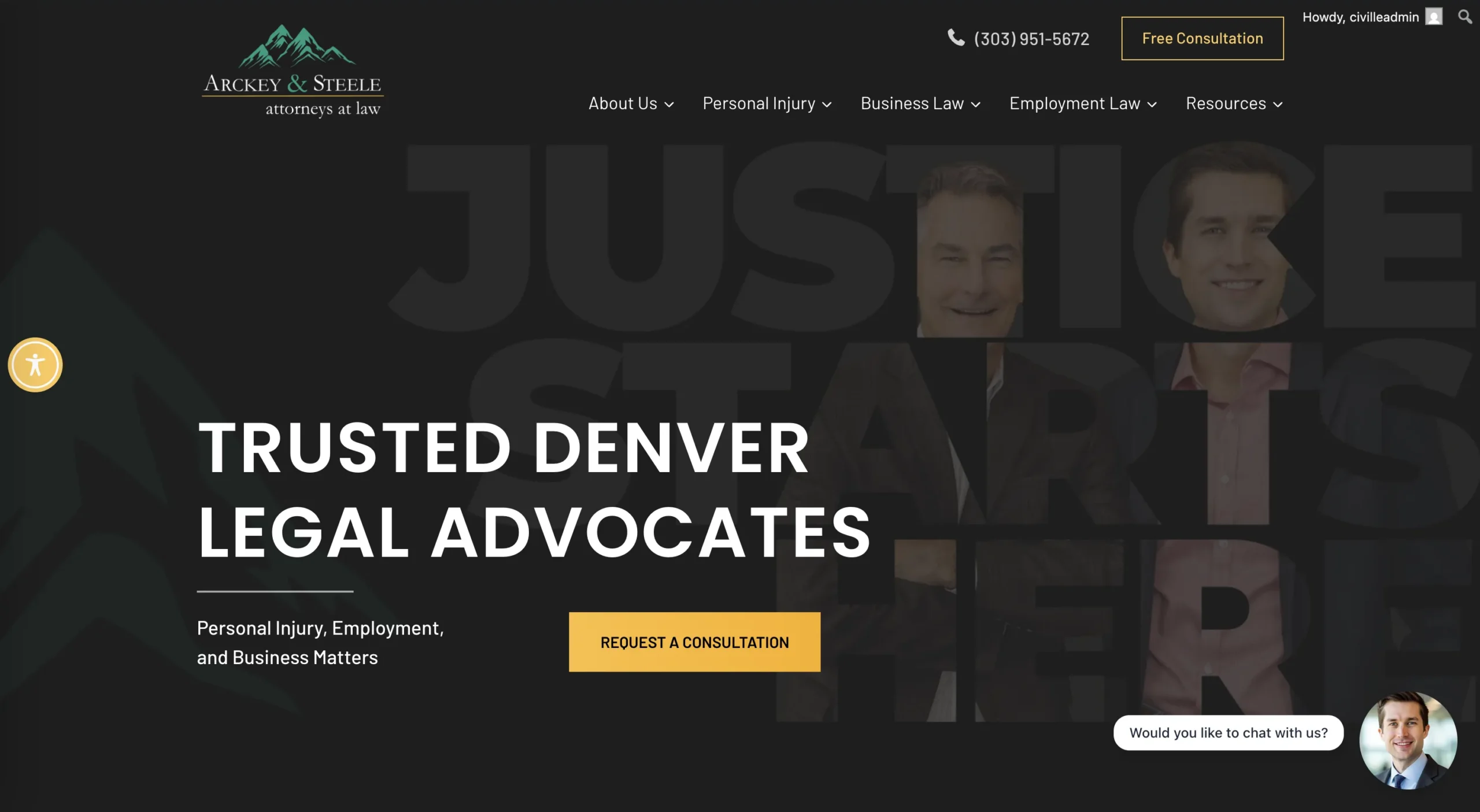 Website header for Arckey & Steele law firm with logo, phone number, navigation menu, and two male attorneys.