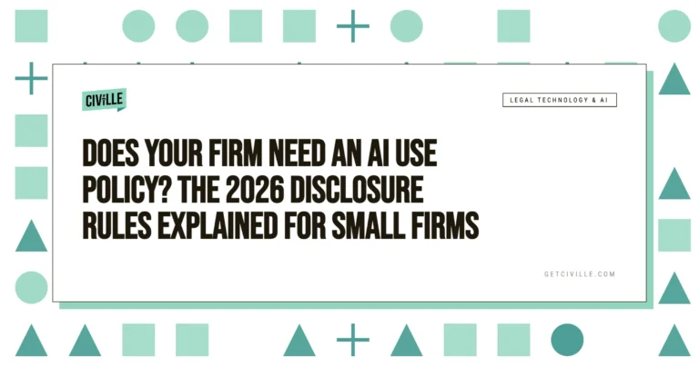 Text on white background with teal geometric shapes border, titled "Does Your Firm Need an AI Use Policy? The 2026 Disclosure Rules Explained for Small Firms.