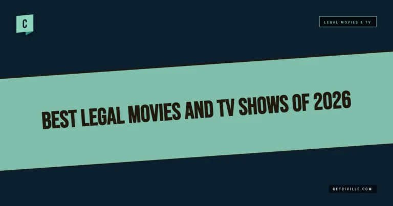 Graphic with teal and dark blue background featuring the text "Best Legal Movies and TV Shows of 2026.