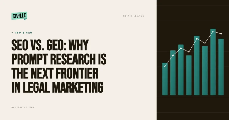 Professional infographic titled "SEO vs. GEO" with a teal bar and line graph on black background.