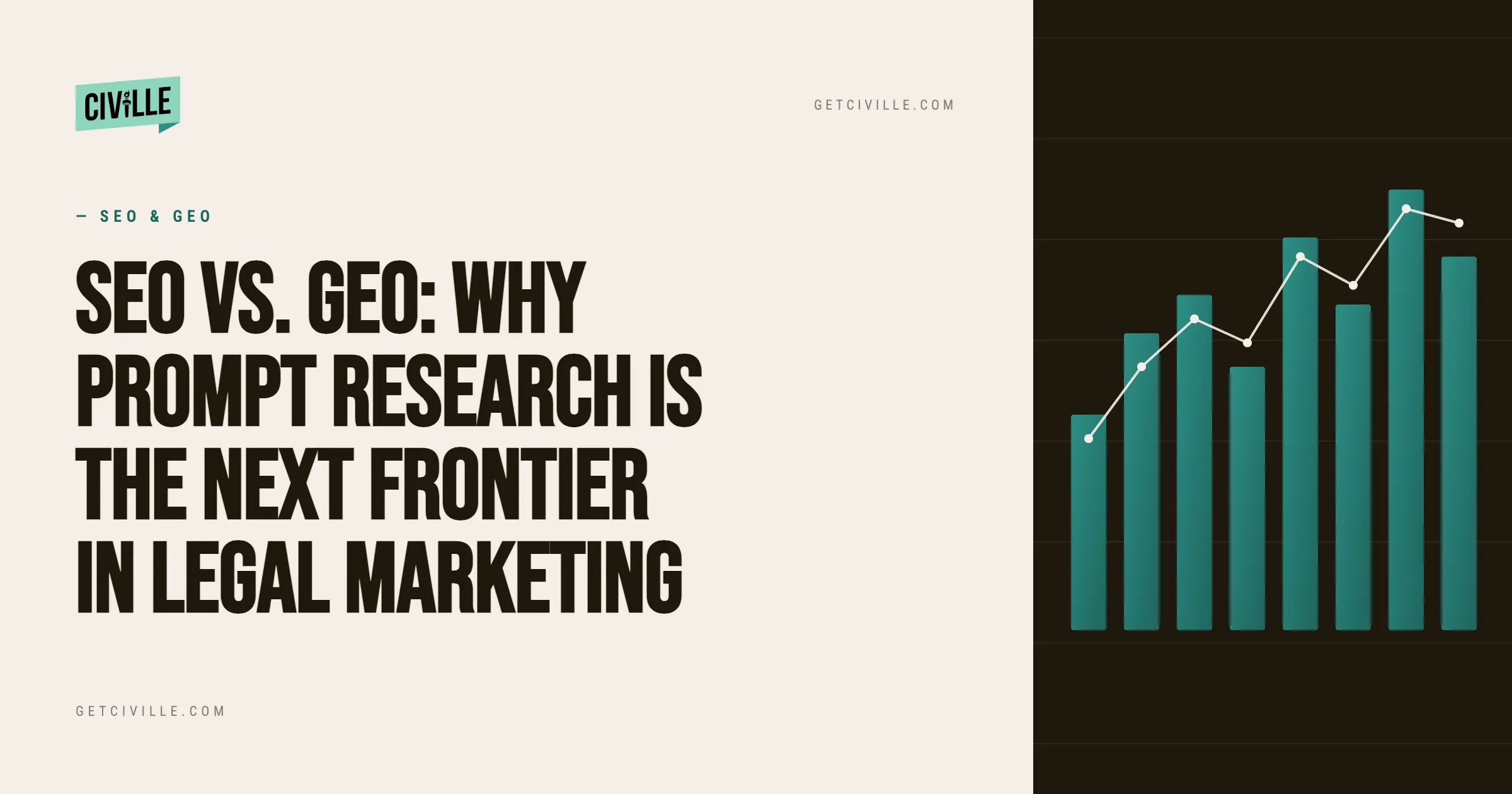 Professional infographic titled "SEO vs. GEO" with a teal bar and line graph on black background.