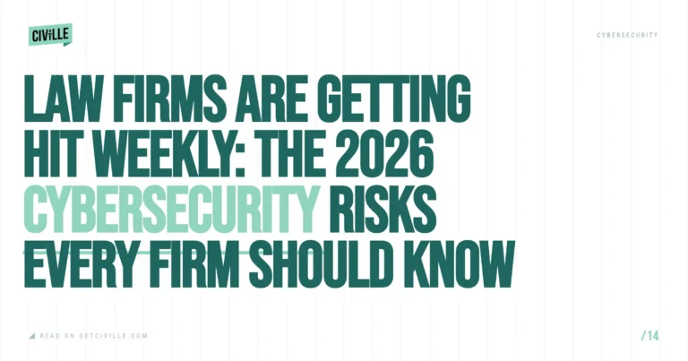 Text graphic with dark green and light green lettering stating cybersecurity risks law firms face weekly in 2026.