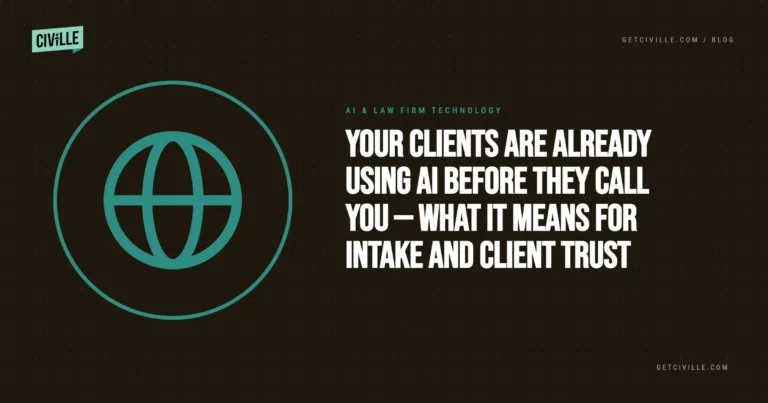 Dark background with teal globe graphic and white text about AI and client trust in law firms.