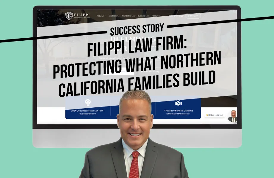 Professional man in suit and red tie standing before a computer screen displaying Filippi Law Firm website.
