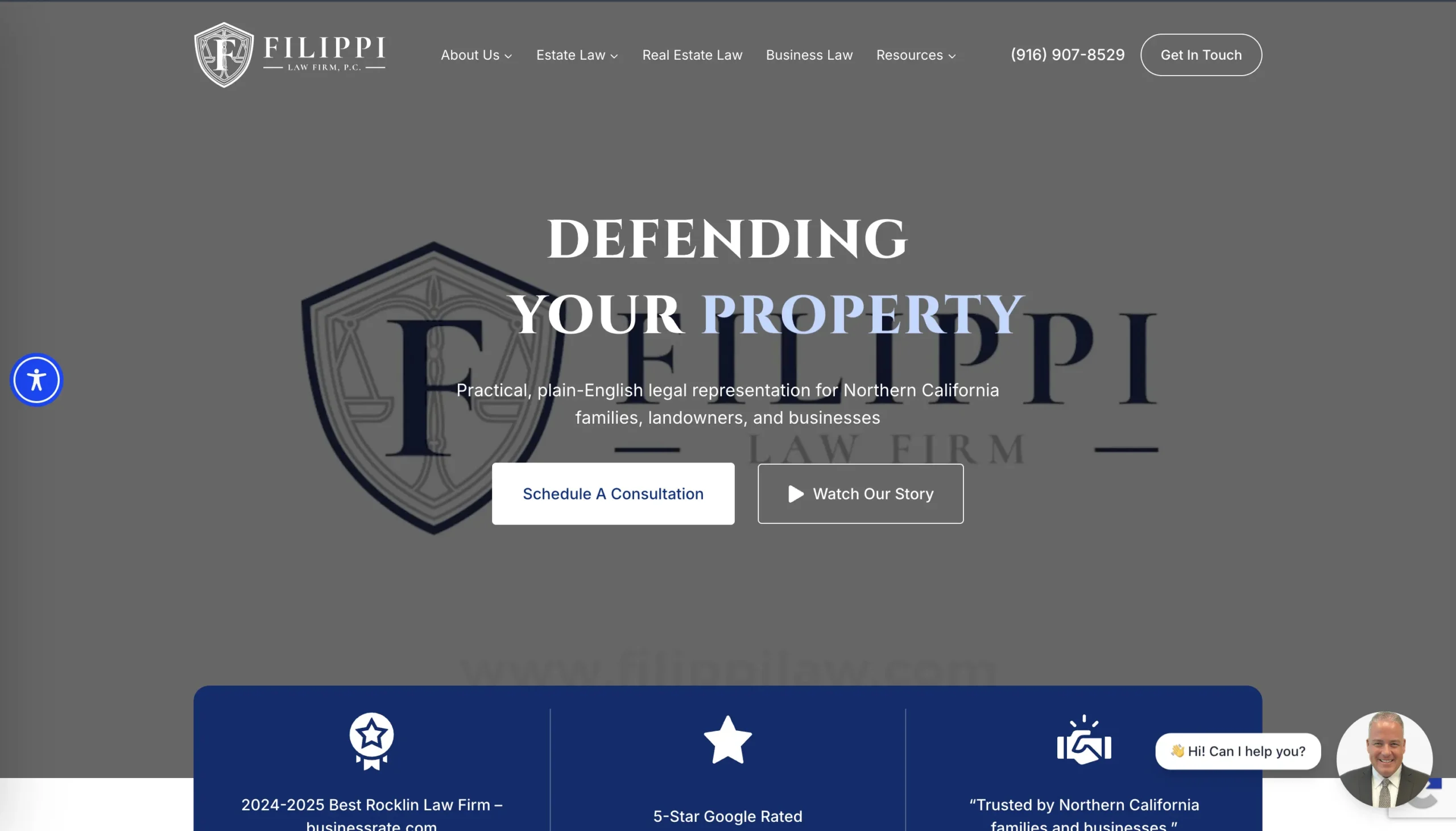 Website header of Filippi Law Firm with navigation menu, contact number, and slogan "Defending Your Property.