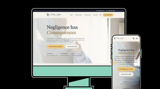 Website homepage for a legal firm displayed on desktop and mobile screens, featuring text "Negligence has Consequences" and call-to-action buttons.