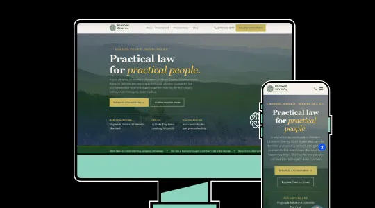 Website homepage for a law firm displayed on desktop and mobile devices with green and gold color scheme.