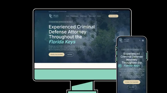 Website homepage for a criminal defense attorney displayed on desktop and mobile screens with a dark blue background and white text.