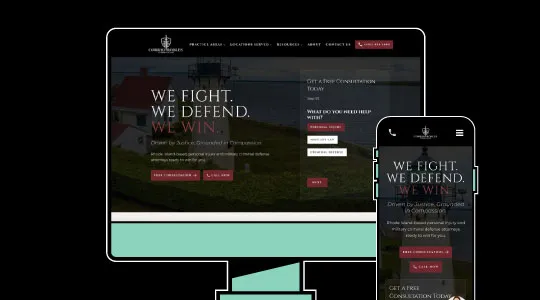 Website homepage for a criminal defense law firm displayed on desktop and mobile devices, featuring dark background and text "We Fight. We Defend. We Win.