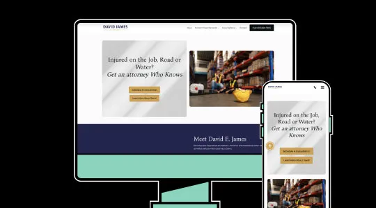 Website homepage for attorney David E. James displayed on desktop and mobile, featuring legal service text and construction site image.