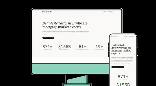 Website homepage for Goldsmith displayed on desktop and mobile devices, featuring mortgage attorney expertise and key statistics in black, white, and green colors.