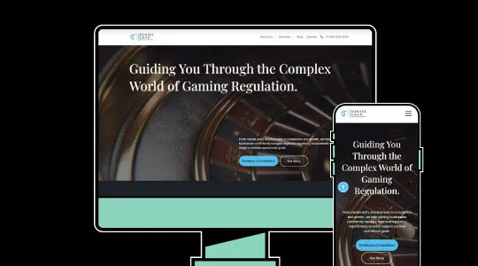 Website homepage displayed on desktop and mobile screens, featuring text about gaming regulation guidance and call-to-action buttons.