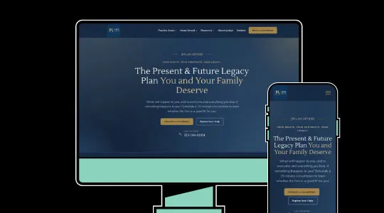 Website homepage displayed on desktop and mobile screens with navy and gold color scheme.