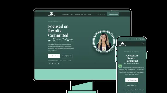 Website homepage displayed on desktop and mobile screens with professional portrait and green color scheme.