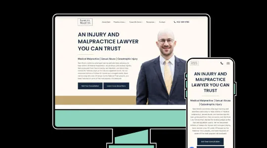 Computer and smartphone screens displaying a lawyer's website with a professional headshot and contact information.