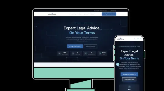 Website homepage displayed on a desktop monitor and smartphone showing legal service offerings in blue and white colors.