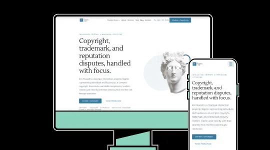 Website homepage displayed on desktop and mobile screens, featuring copyright and trademark legal services text with a grayscale classical statue image.