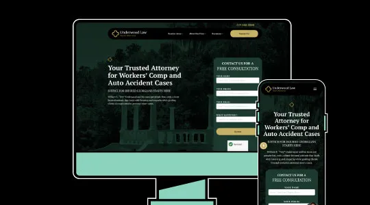 Website homepage displayed on desktop and mobile devices, featuring a law firm specializing in workers' compensation and auto accident cases, with a dark green and gold color scheme and a contact form for free consultation.