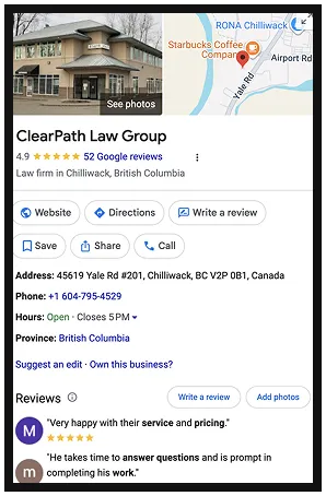 Exterior view of ClearPath Law Group office building with business details and customer reviews.