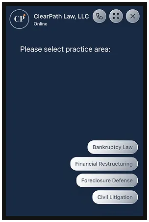 Chat interface for ClearPath Law, LLC displaying practice area options on dark blue background.