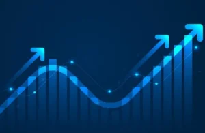 Abstract blue graph with upward trending bars and arrows on dark background.