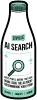 Illustration of a white bottle labeled "SAUCE AI SEARCH" with a magnifying glass icon.