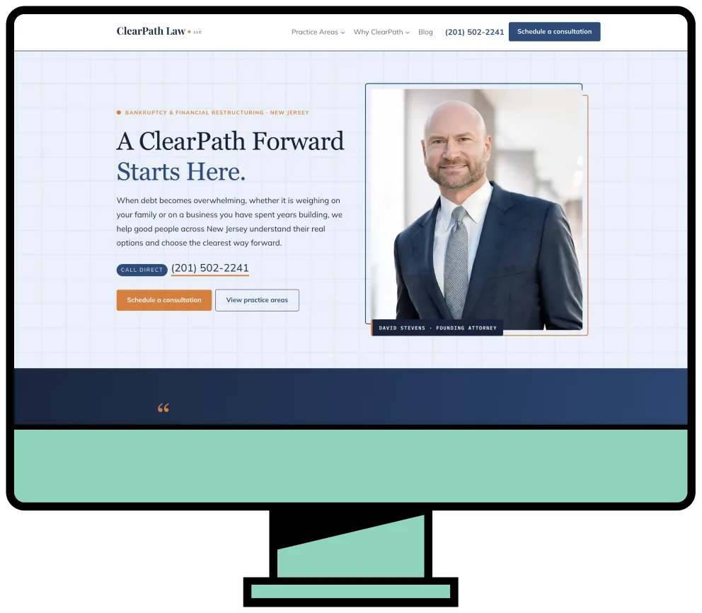 Website homepage for ClearPath Law featuring a professional portrait of founding attorney David Stevens.