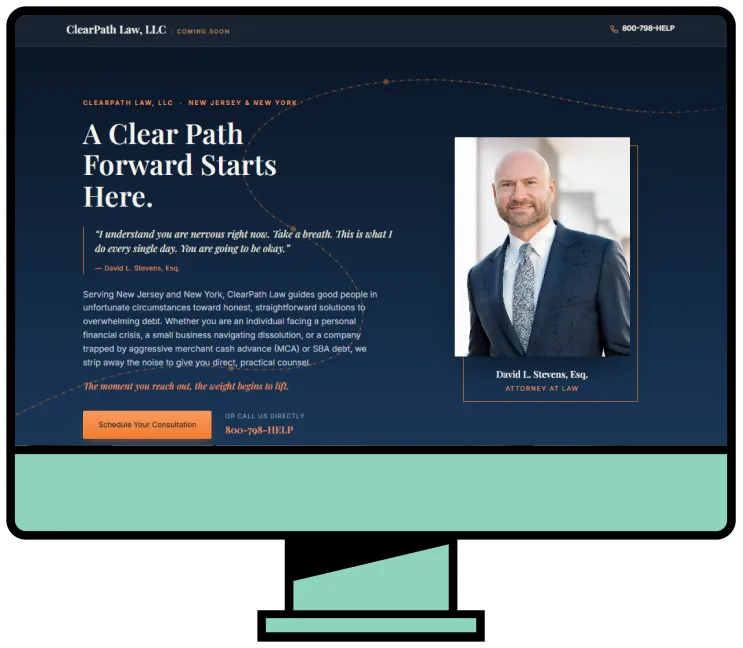 Website homepage for ClearPath Law, LLC featuring a professional portrait of attorney David L. Stevens and legal service information.
