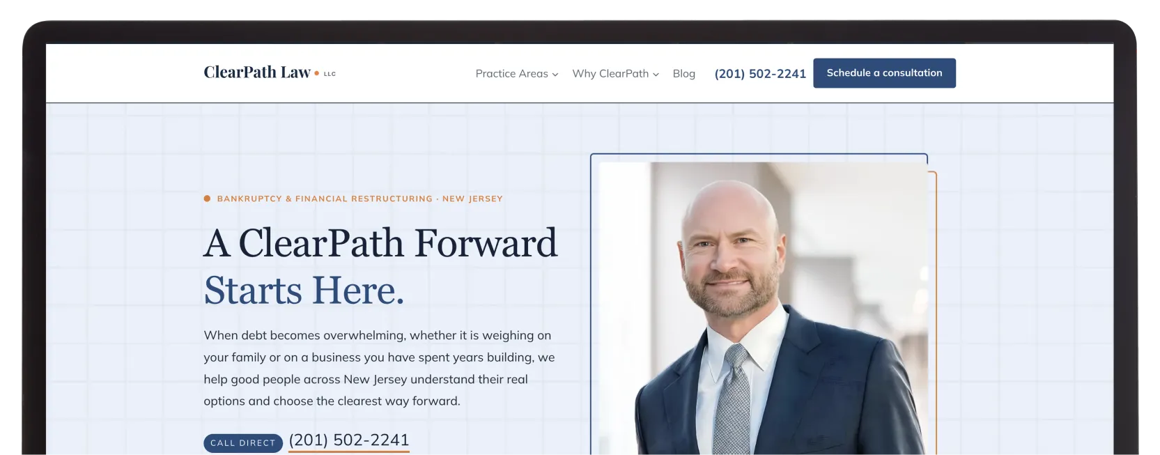 Website homepage of ClearPath Law LLC featuring a professional man in a suit and contact information.