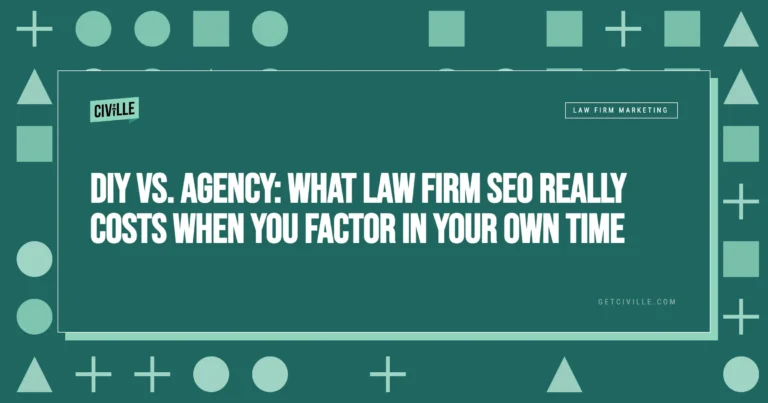 Dark green background with geometric shapes and text about law firm SEO costs.