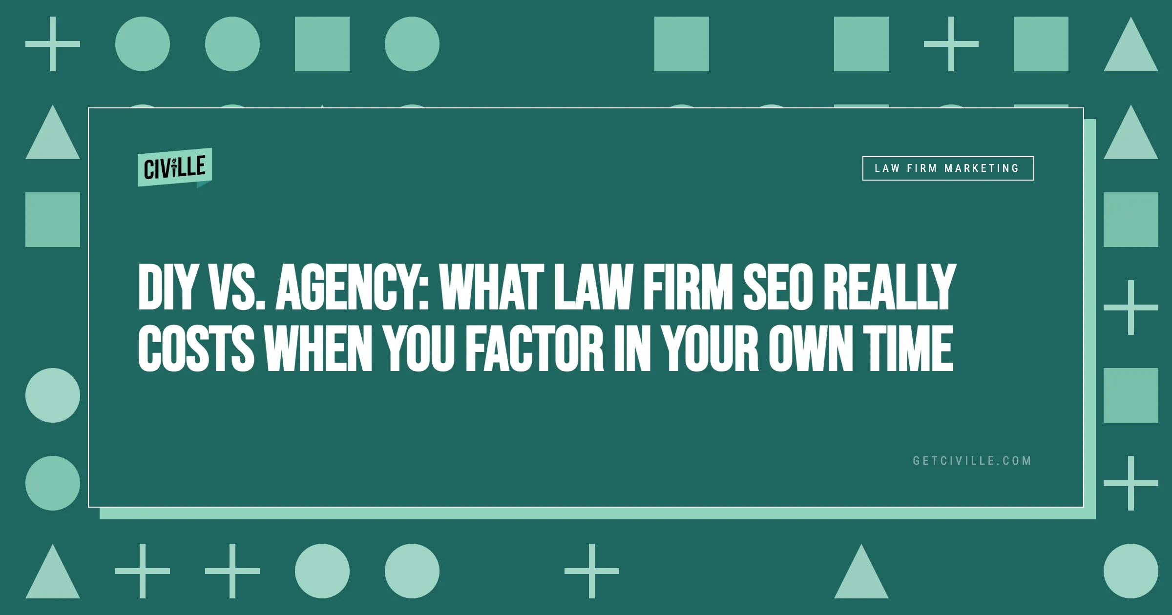 Dark green background with geometric shapes and text about law firm SEO costs.