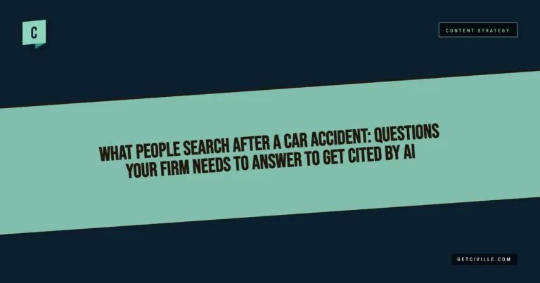 Graphic with teal and dark blue background displaying text: "What people search after a car accident: questions your firm needs to answer to get cited by AI.