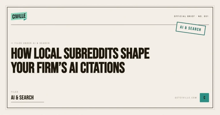 Professional document titled "How Local Subreddits Shape Your Firm's AI Citations" with Civille branding and AI & Search category.