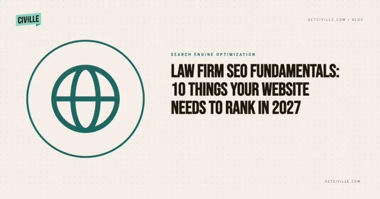 Website banner with teal globe icon and text on law firm SEO fundamentals for 2027 ranking.