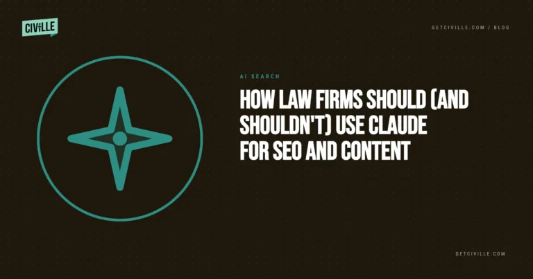 Blog header with teal compass icon and text "How law firms should (and shouldn't) use Claude for SEO and content" on dark background.