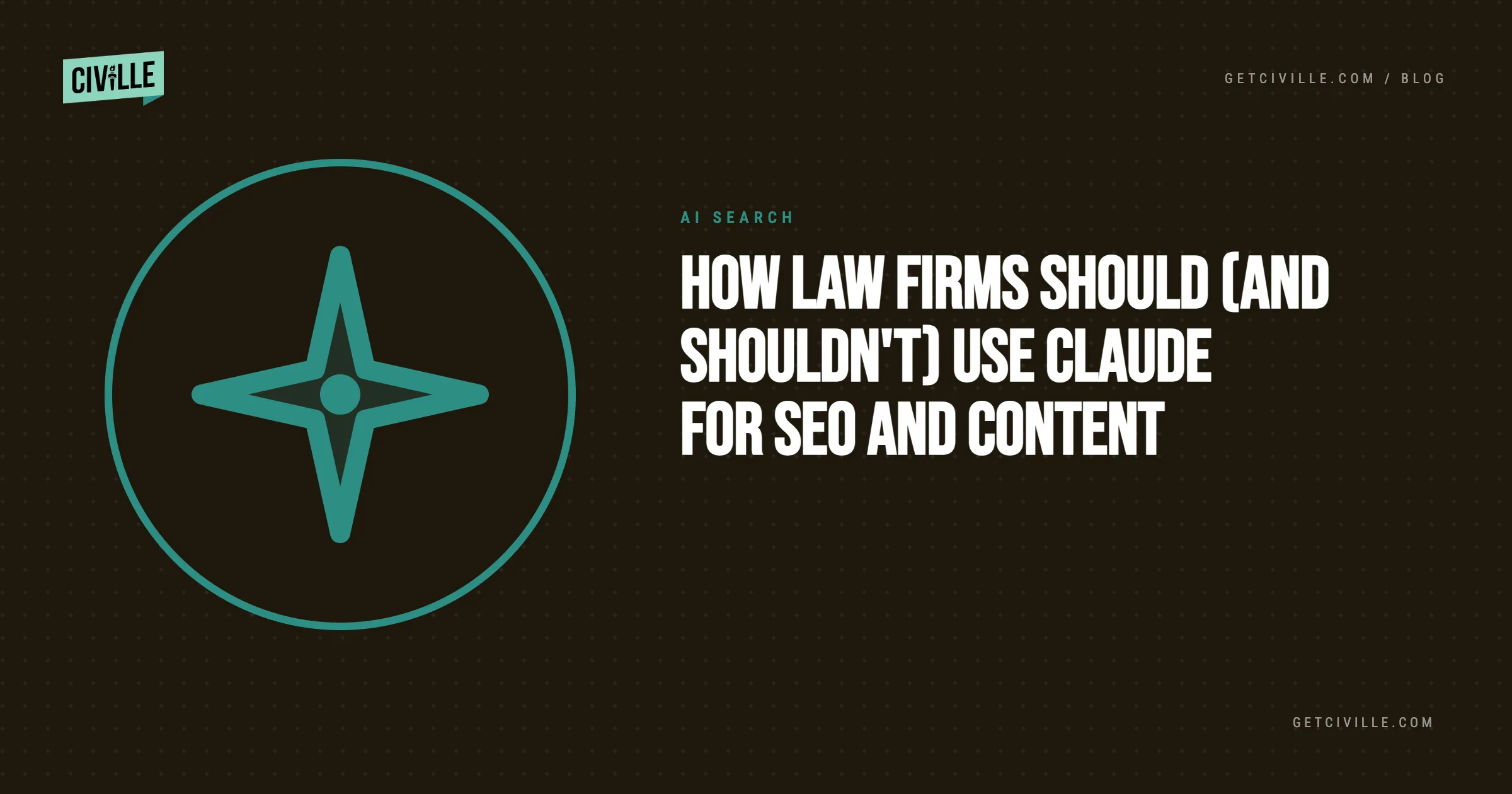 Blog header with teal compass icon and text "How law firms should (and shouldn't) use Claude for SEO and content" on dark background.