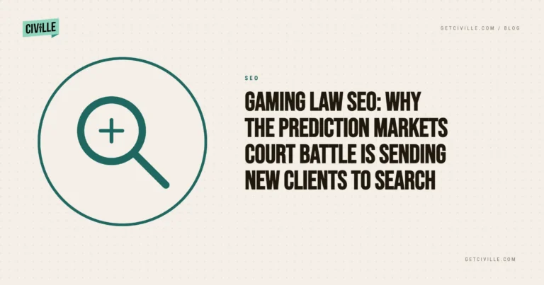 Blog header with magnifying glass icon and text about gaming law SEO and prediction markets court battle.