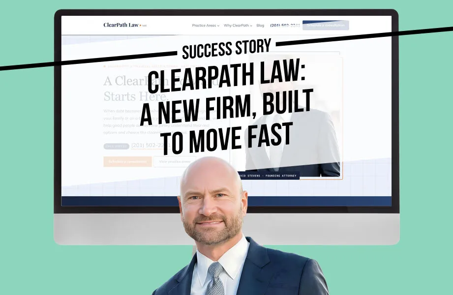 Professional man in suit standing before computer screen displaying ClearPath Law website and success story text.