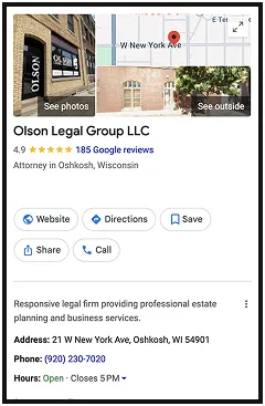 Exterior of Olson Legal Group LLC office with brick walls and black signage, alongside a map showing the location at 21 W New York Ave, Oshkosh, Wisconsin.