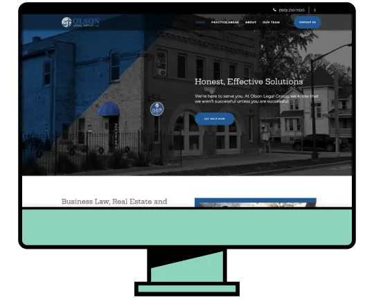 Website homepage of Olson Legal Group showing a monochrome image of brick buildings with text "Honest, Effective Solutions" and blue call-to-action buttons.