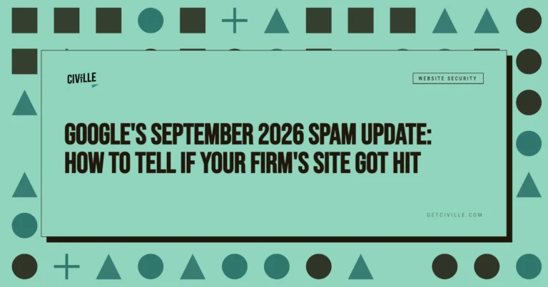 Graphic with teal background featuring black text about Google's September 2026 spam update and website security.