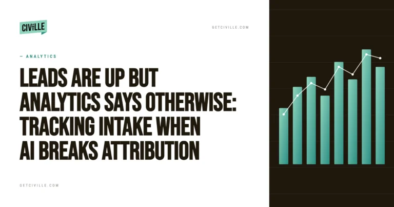 Bar chart with teal bars and line graph on dark background beside bold text about leads and AI attribution analytics.